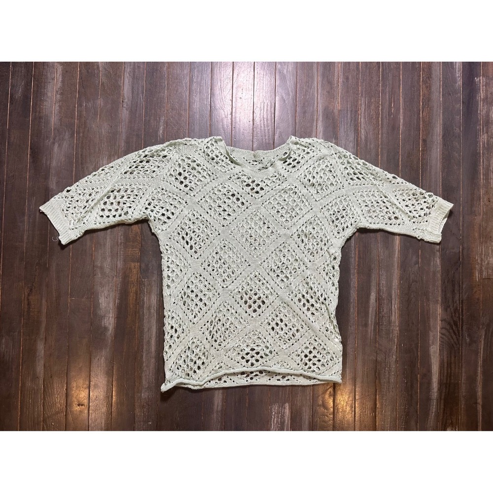 Womens Sage Green Crochet Knit V-Neck Sweater Diamond Open Weave 3/4 Sleeve